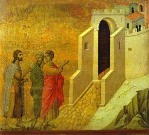 Duccio di Buoninsegna. La route d'Emmaus. 1308 sur panneau de bois. Museo dell Opera del Duomo Sienne Italie