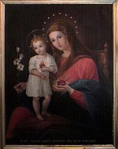 La Vierge et l'enfant Jésus arborant chacun un sacré coeur 