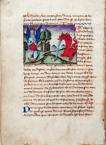 vision de la femme et du dragon - Apocalypse de St Jean, manuscrit sur parchemin, 3e quart du XVème siècle vision de la femme et du dragon - Apocalypse de St Jean, manuscrit sur parchemin, 3e quart du XVème siècle