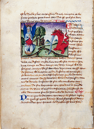 vision de la femme et du dragon - Apocalypse de St Jean, manuscrit sur parchemin, 3e quart du XVème siècle