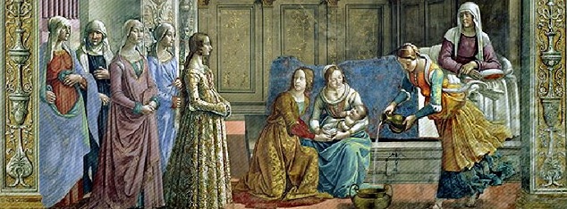 Ghirlandaio, Naissance de la Vierge, fresque, Cappella Tornabuoni, Santa Maria Novella, Florence 1485-1490
