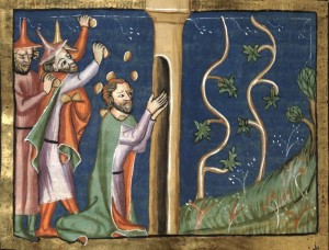 Naboth lapidé devant sa vigne - extrait de la Chronique universelle de Rodolphe d'Ems. Artiste anonyme (entre 1350 et 1375)
