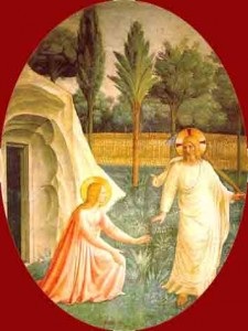 De Fra Angelico, une des plus célèbres fresques du couvent San Marco de Florence est dans la cellule n° 1, où l’on voit Jésus ressuscité apparaître à Marie-Madeleine. La représentation a une valeur historique, mais elle développe la symbolique de l’évangile de Jean. La scène se passe dans un jardin, riche de ses grands arbres et clos d’une barrière stricte. Les fleurs sont représentées avec minutie et disposées selon un ordre qui a donné lieu à de nombreuses interprétations allégoriques – arbitraires pour une part. Ce qui est sûr c’est que l’on ne peut pas ne pas penser au Cantique des cantiques où il est fait mention de la venue du Bien-aimé dans son jardin au moment de la floraison. Le thème du jardin renvoie aussi au début de la Genèse où le sort de l’humanité se joue dans un jardin (le Paradis), le jardin d’Eden dont Adam avait reçu la garde et la charge de le faire fructifier. Adam avait désobéi et perdu l’accès à ce jardin. Cette malédiction est renversée par Jésus qui est confessé par l’Eglise comme « nouvel Adam », celui qui ouvre l’accès au jardin. C’est ce qui explique pourquoi Marie Madeleine le prend pour le jardinier ; ce que Fra Angelico a symbolisé par l’outil que Jésus porte sur son épaule. Cette mise en scène permet de comprendre le sens que Jean a donné à la scène qui met en vis-à-vis Marie Madeleine et le Ressuscité. Jésus ressuscité et Marie Madeleine Fra Angelico