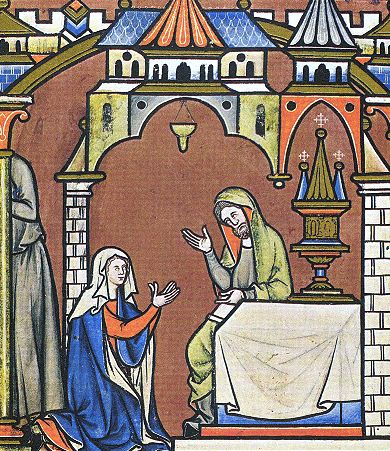 Anne prie pour avoir un enfant (1250 environ), miniature de la Bible de Maciejowski