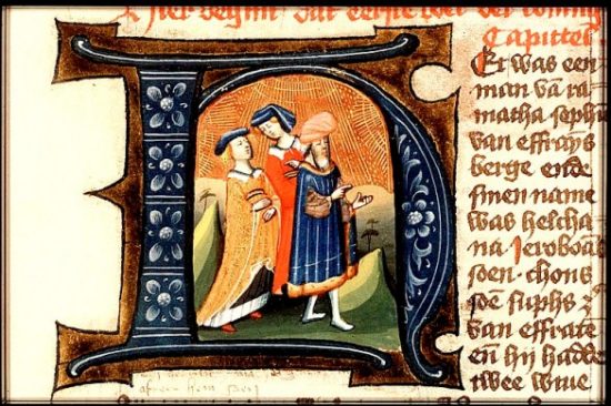 Enluminure du moyen-âge : Elkana et ses deux femmes.
