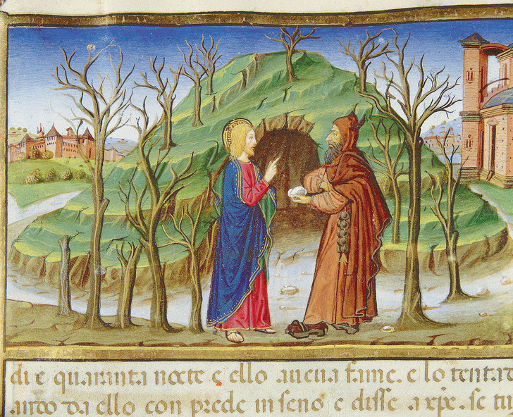 Jésus, tenté par le diable dans le désert. Miniature de Cristoforo de Predis, 1475