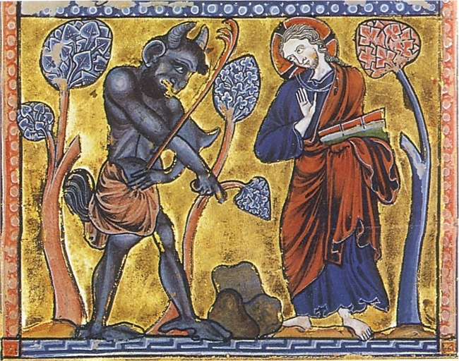 La Première Tentation du Christ au désert – Psautier enluminé, vers 1222, Copenhague Det kongelige Bibliote