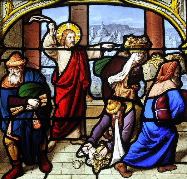 Jésus chasse les marchands du Temple - vitrail du XIXe siècle -atelier LORIN - église Saint-Aignan Chartres