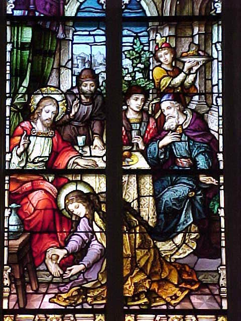 Marie verse le parfum sur les pieds de Jésus, vitrail des studios de Meyer, Munich 1899