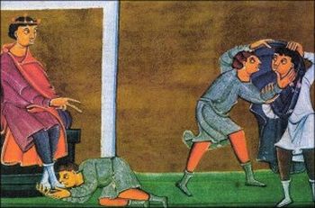 La parabole des deux débiteurs, ou de la remise de peine, évangéliaire de Reichenau (11ème siècle)