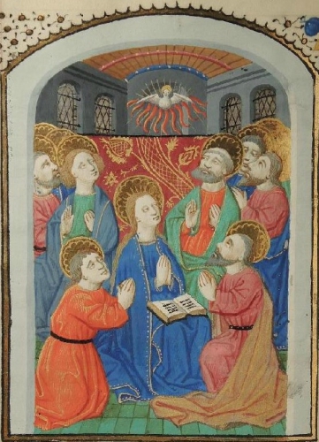 La prière de Marie au Cénacle. Maitre de l’Échevinage de Rouen, miniature de la Pentecôte, Heures à l'usage du Mans de Jehan de Chahanay, manuscrit sur vélin, feuillet 24, 1460-1465, collection particulière. La prière de Marie au Cénacle. Maitre de l’Échevinage de Rouen, miniature de la Pentecôte, Heures à l'usage du Mans de Jehan de Chahanay, manuscrit sur vélin, feuillet 24, 1460-1465, collection particulière.