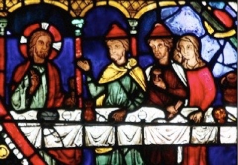 vitrail de Chartres sur un repas de Jésus chez un pharisien