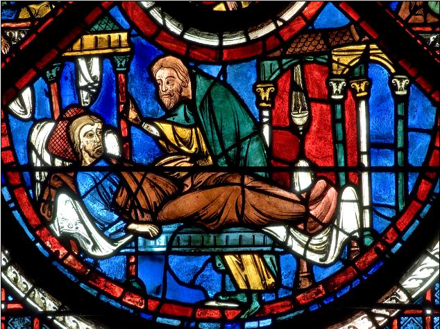 Le Bon Samaritain soigne à l'auberge l'homme blessé - cathédrale de Chartres Le Bon Samaritain soigne à l'auberge l'homme blessé - cathédrale de Chartres