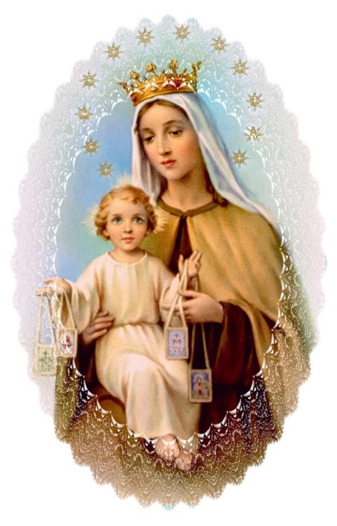 Notre Dame du Mont Carmel et Jésus son enfant portant le scapulaire dans ses deux mains