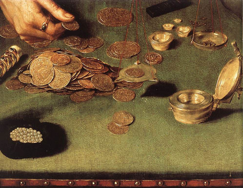 Le prêteur d'argent et sa femme - motif d'un tableau de Quentin Matsys 1514 Louvre