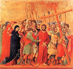 simon de Cyrène aide à porter la croix - Duccio di Buoninsegna fin XIIIe siècle