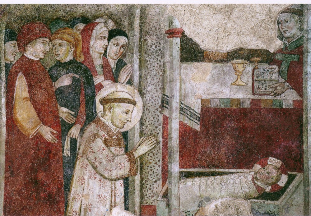 Détail d'une fresque représentant saint François adorant l'Enfant Jésus à la première crèche de Noël (Greccio) Détail d'une fresque représentant saint François adorant l'Enfant Jésus à la première crèche de Noël (Greccio)