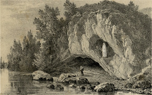 Bernadette devant la grotte de Massabielle, le 11 février 1858. Gravure de Charles Mercereau.
