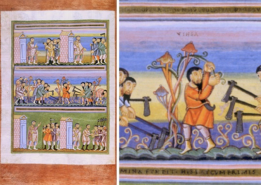 Vignerons meurtriers - Codex aureus d’Echternach, évangéliaire ottonien, Nuremberg, Germanisches Nationalmuseum, Hs. 156 142, f°76/6v° Vignerons meurtriers - Codex aureus d’Echternach, évangéliaire ottonien, Nuremberg, Germanisches Nationalmuseum, Hs. 156 142, f°76/6v°