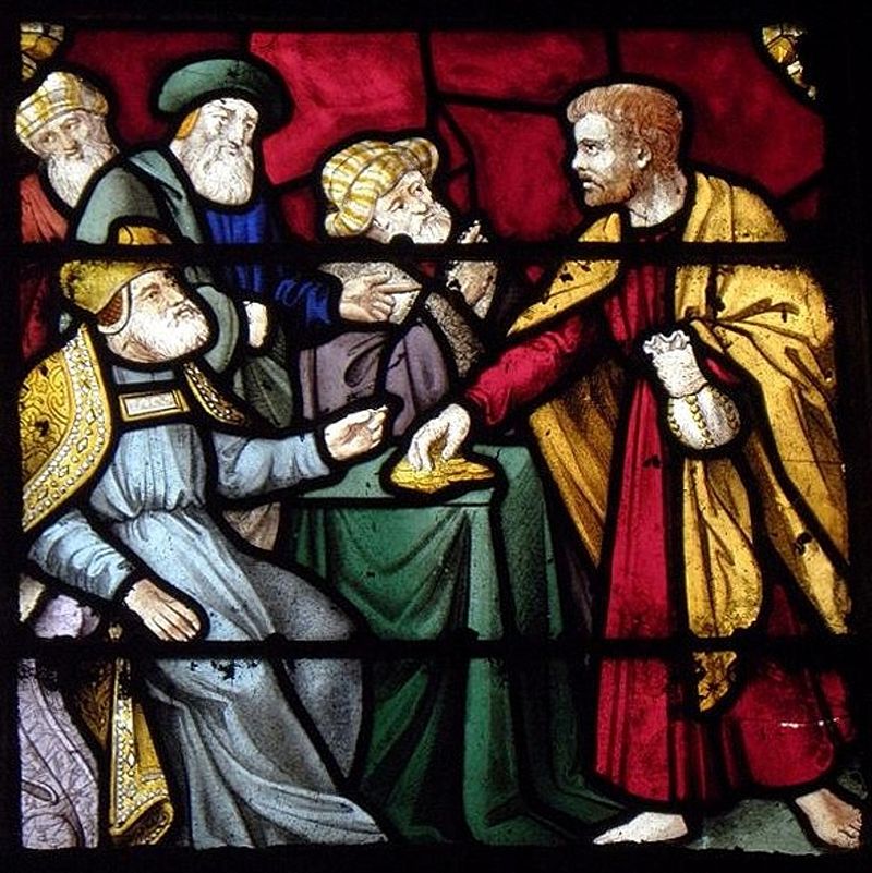 Trahison de Judas recevant les trente deniers, maîtresse-vitre de l'église Saint-Ouen des Iffs 35