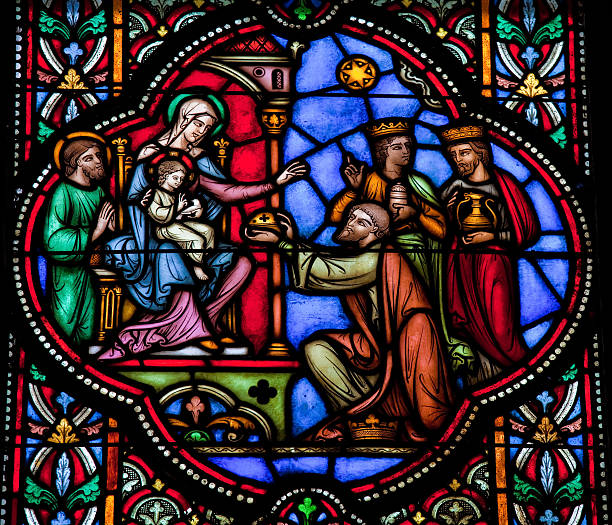 Trois rois d'Orient visitent la Sainte Famille à Bethléem. Vitrail dans la cathédrale de Bruxelles 1866 Trois rois d'Orient visitent la Sainte Famille à Bethléem. Vitrail dans la cathédrale de Bruxelles 1866