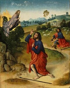 Moïse retirant ses sandales et Moïse devant le buisson ardent, huile sur panneau de Dirk Bouts, vers 1460-1475, Philadelphia Museum of Art, Philadelphie